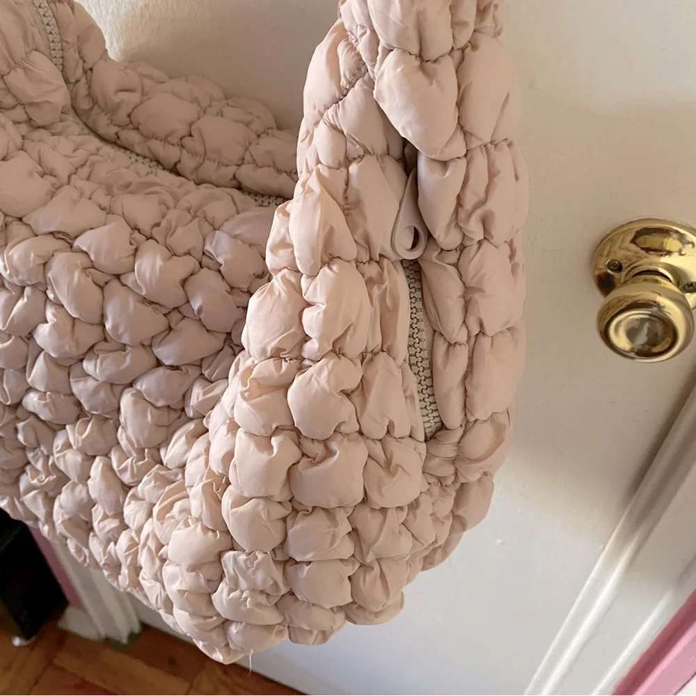 Pale Pink/Cream Color Quilted Puffer Slouchy Bag with Crossbody Strap